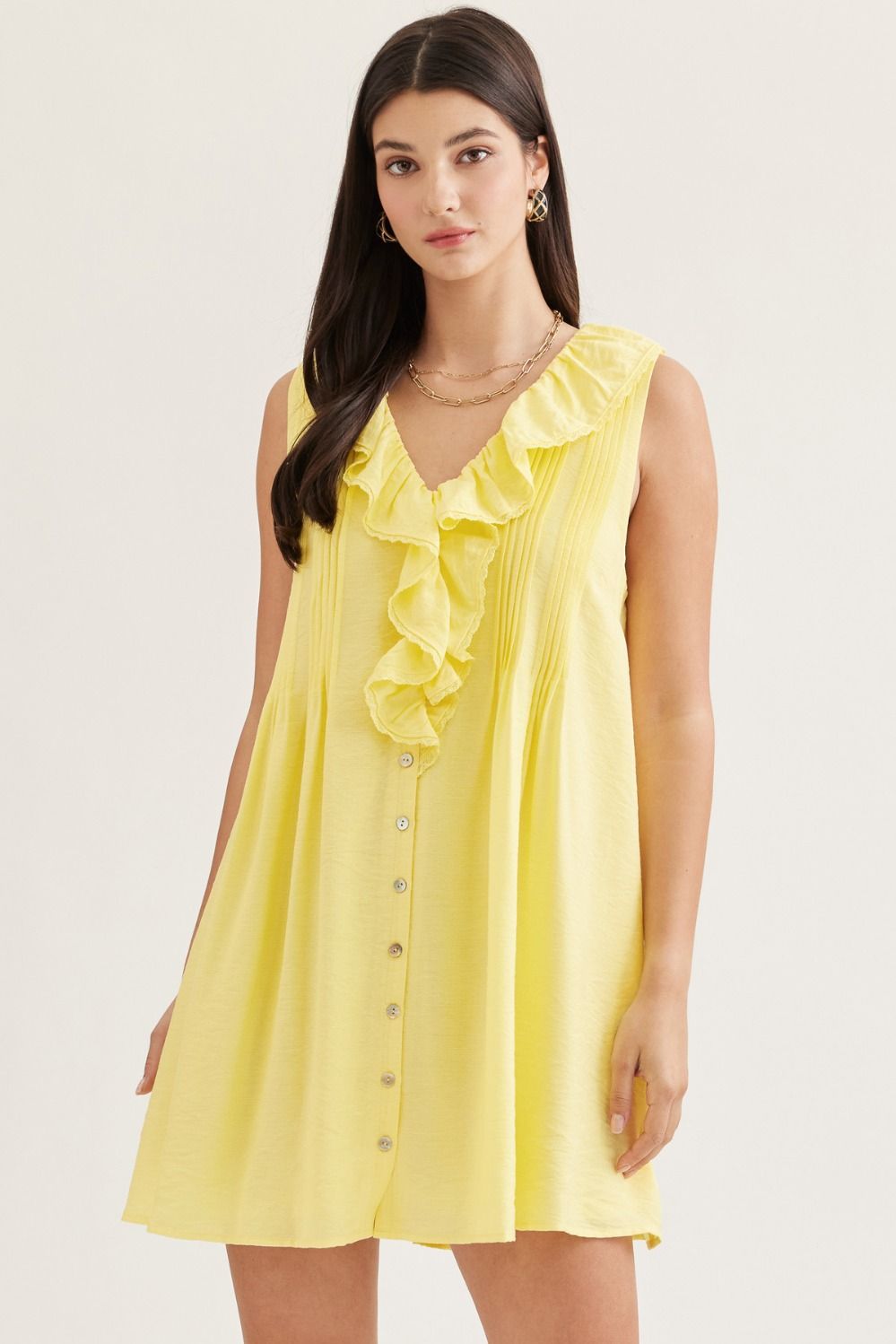 Entro Solid Ruffle V Neck Mini Dress In Lemon