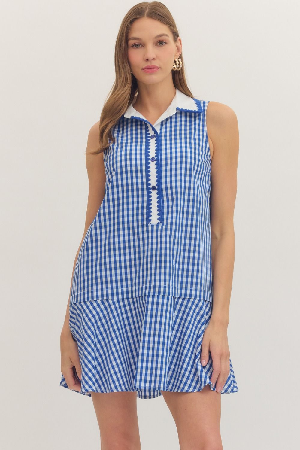 ENTRO Gingham Sleeveless Mini Dress In Blue