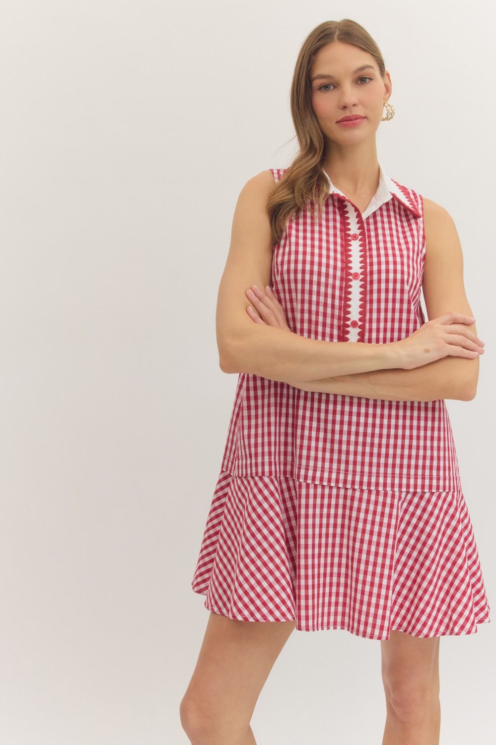 ENTRO Gingham Sleeveless Mini Dress In Red