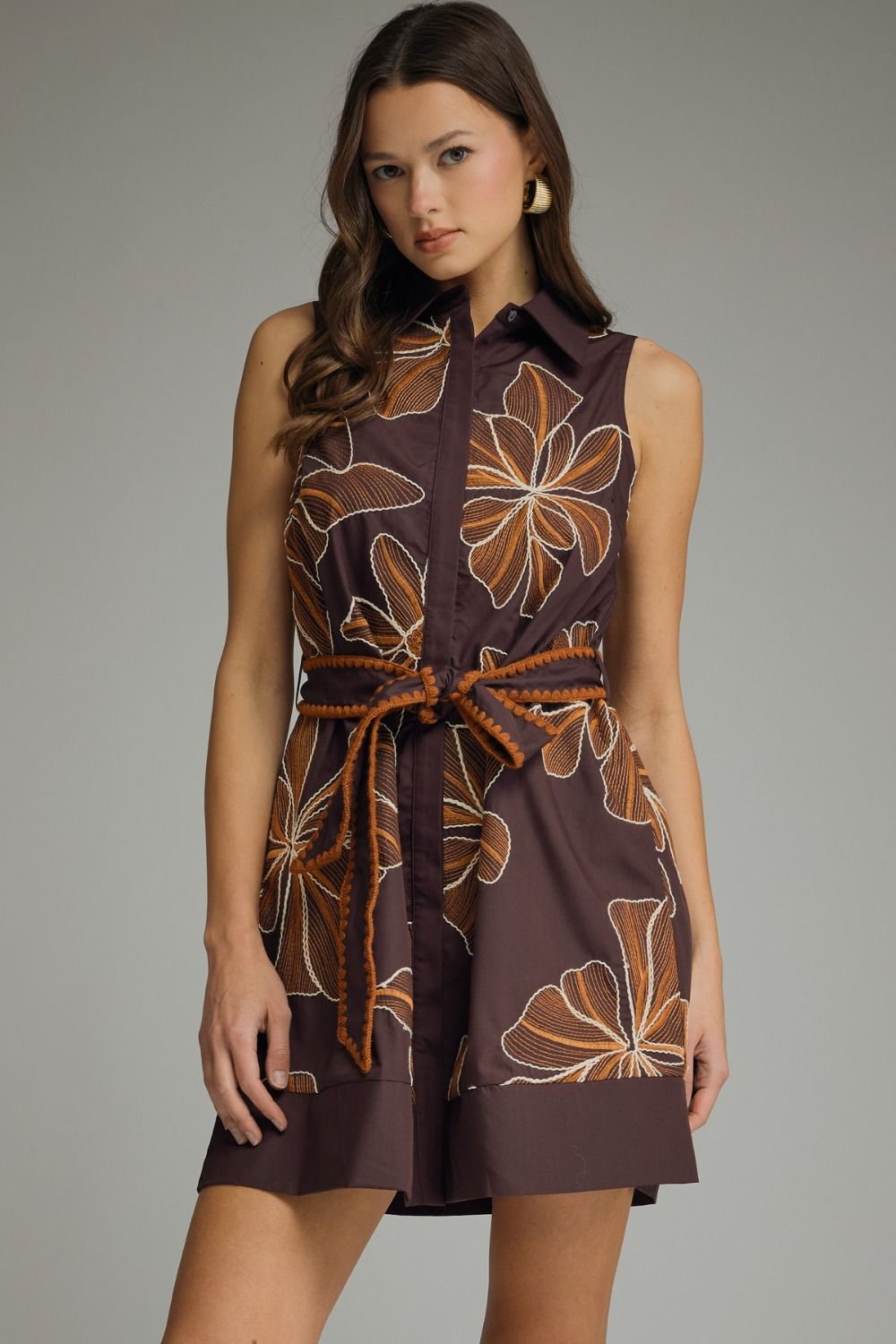 ENTRO Floral Embroidered Sleeveless Mini Dress In Brown