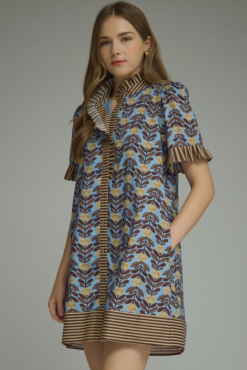 ENTRO Floral Print Mini Dress With Contrast Trim In Blue *COMING SOON*
