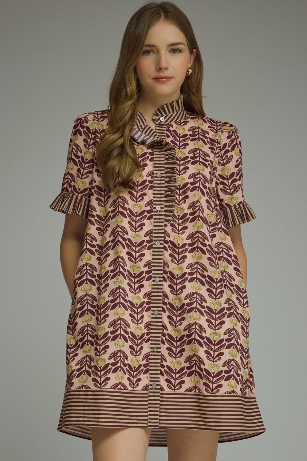 ENTRO Floral Print Mini Dress With Contrast Trim In Blush *COMING SOON*