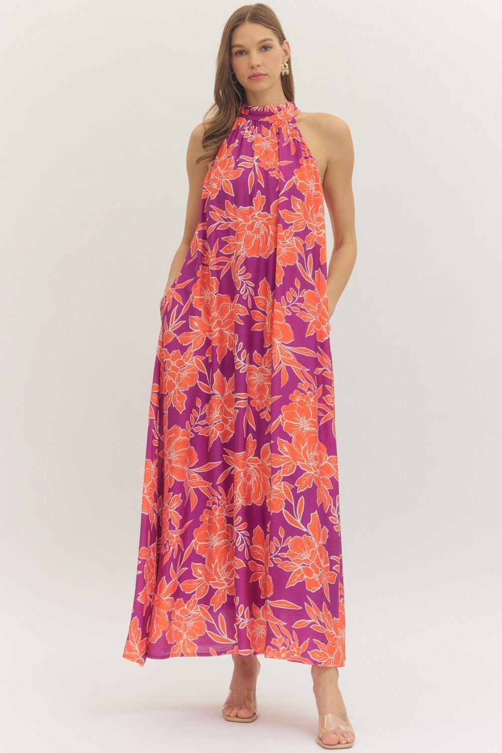 ENTRO Floral Print Halter Neck Midi Dress In Plum