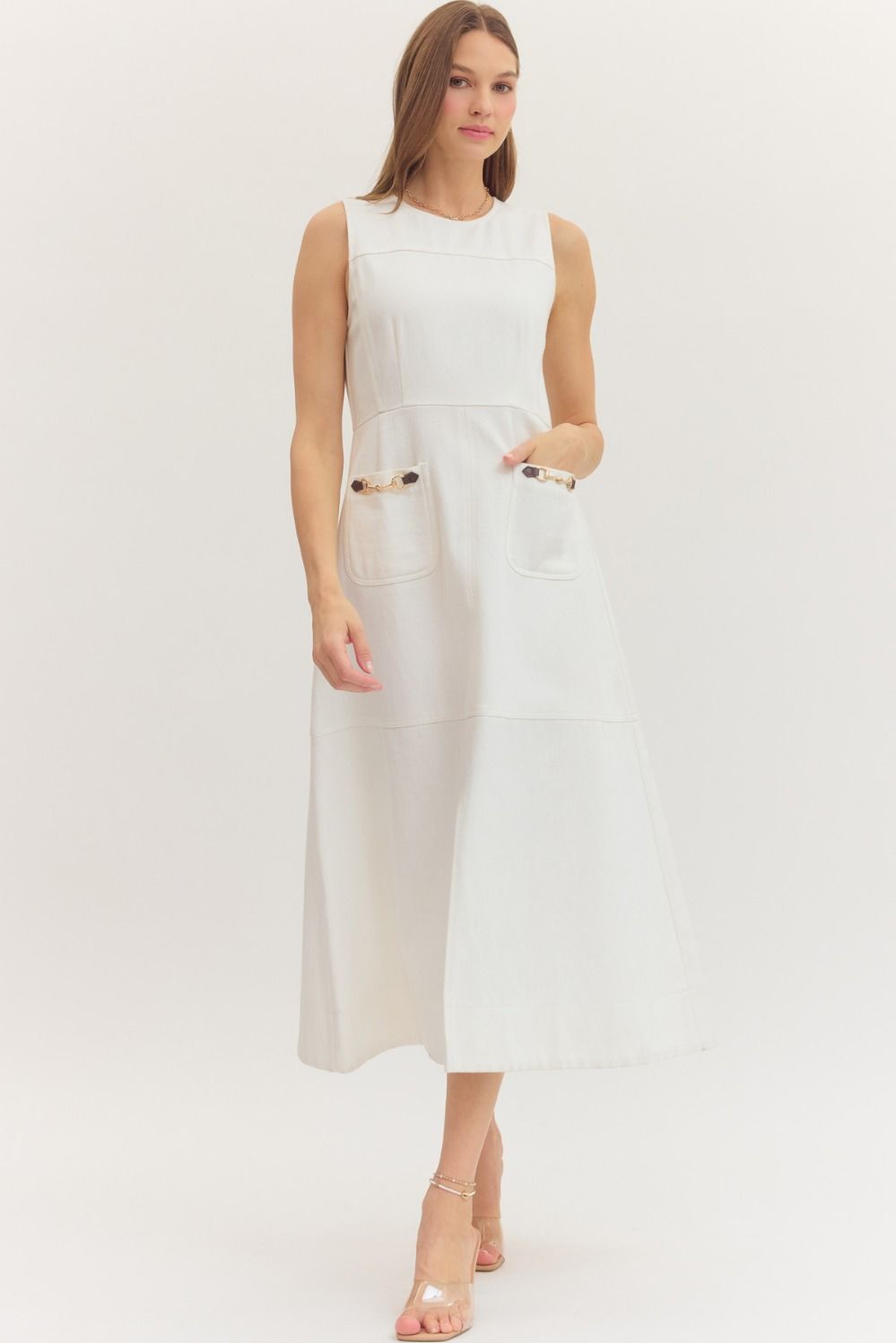 ENTRO Solid Sleeveless Midi Dress With Horsebit Detail In Off White