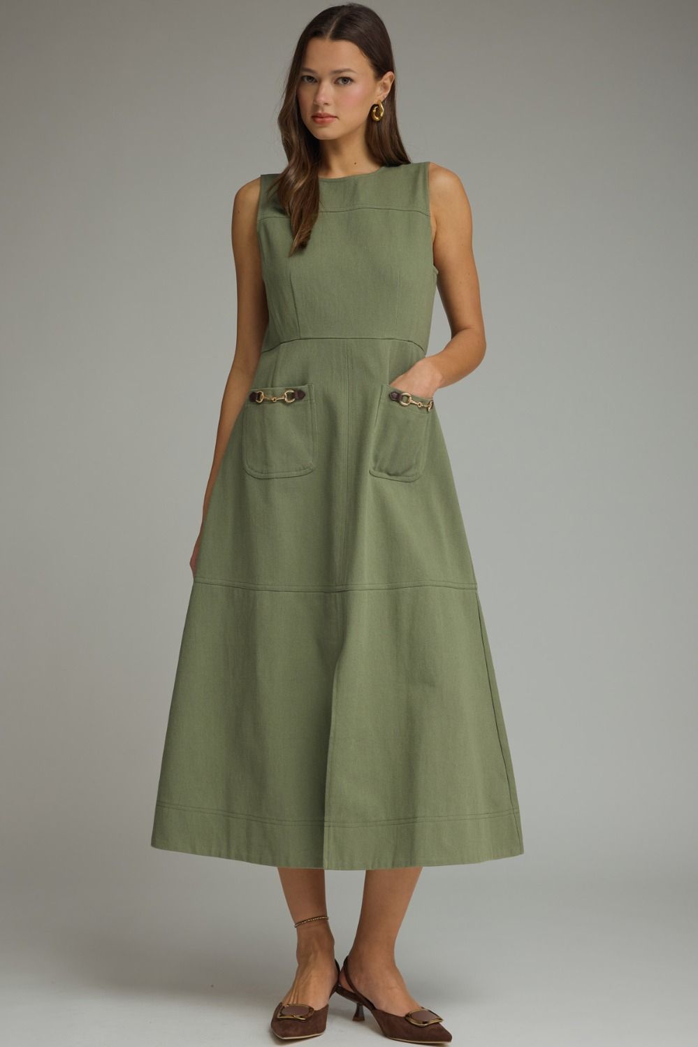 ENTRO Solid Sleeveless Midi Dress With Horsebit Accent In Olive *COMING SOON*
