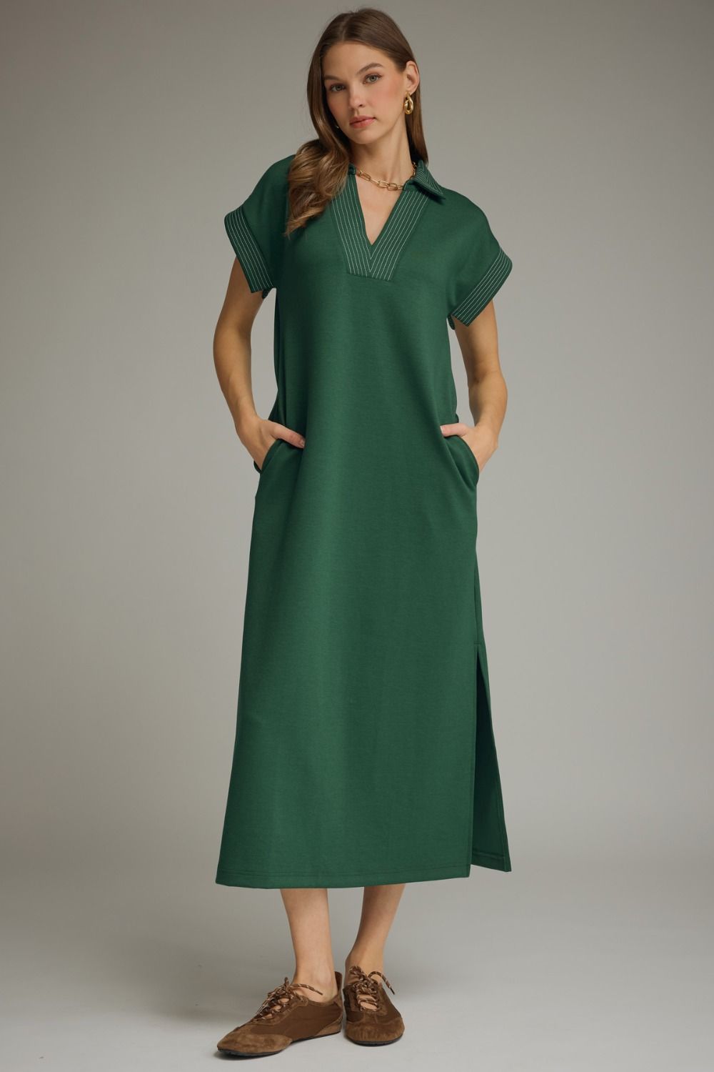 ENTRO Solid Collared Midi Dress In Forest