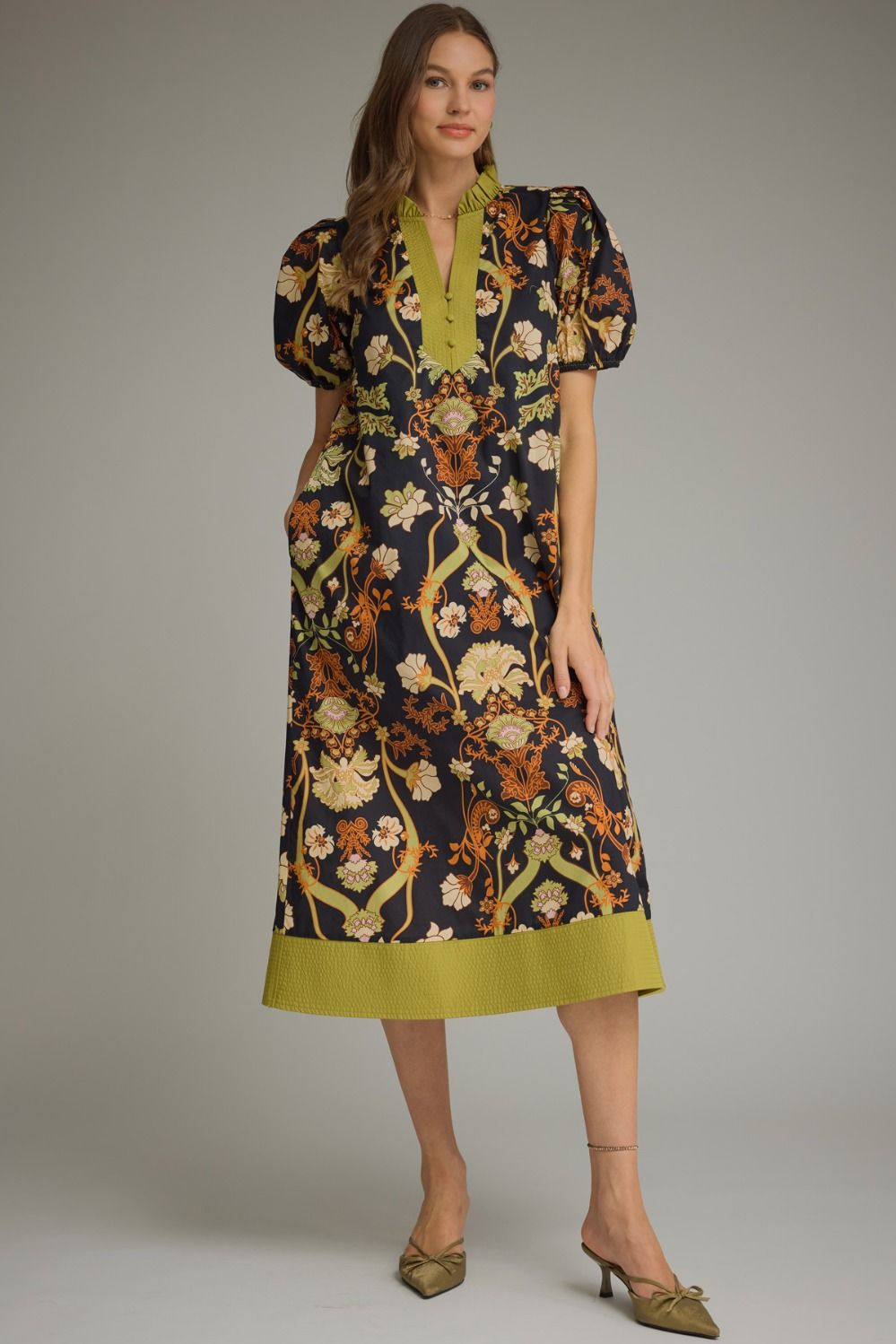 ENTRO Floral Puff Sleeve Midi Dress In Black