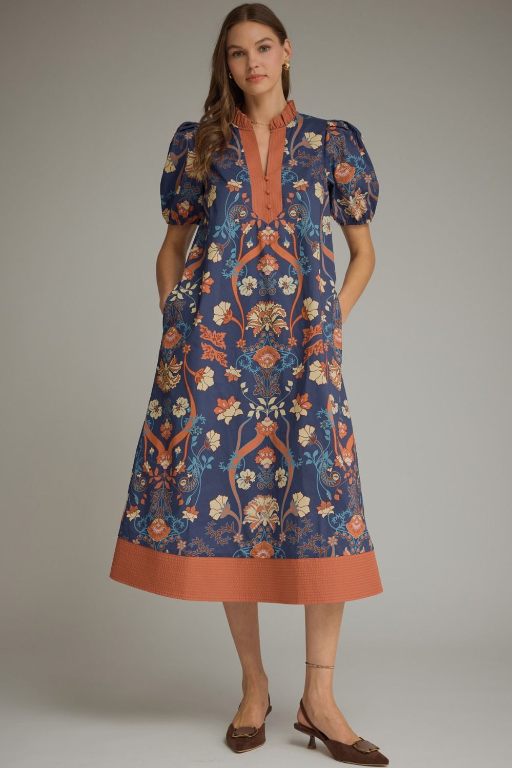 ENTRO Floral Puff Sleeve Midi Dress In Navy