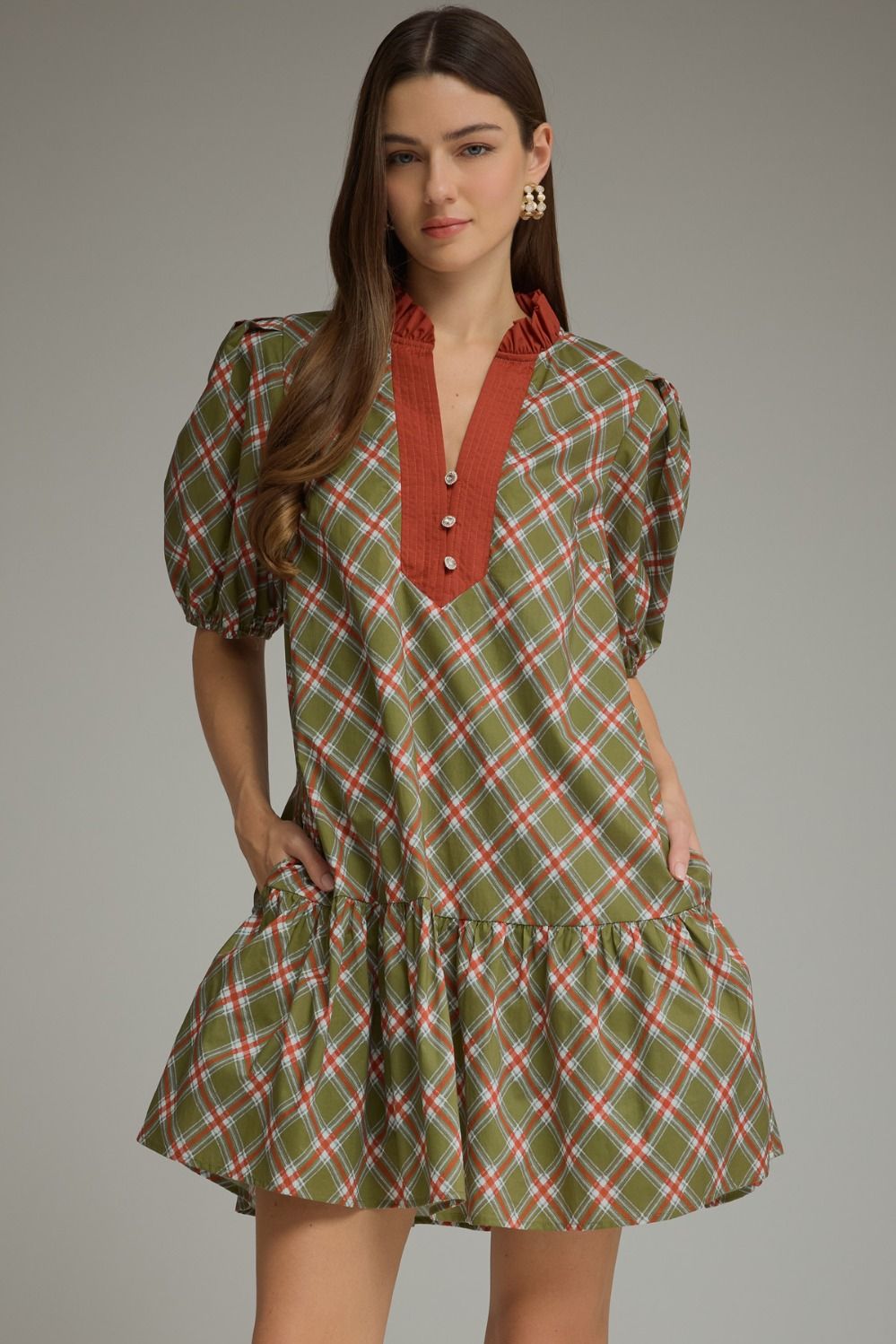 ENTRO Plaid Short Sleeve Mini Dress In Olive