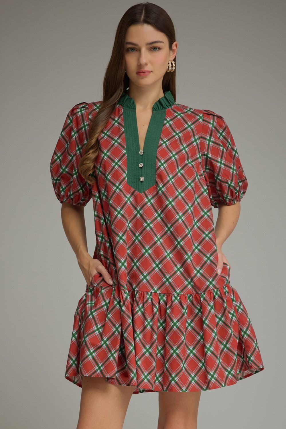 ENTRO Plaid Short Sleeve Mini Dress In Red