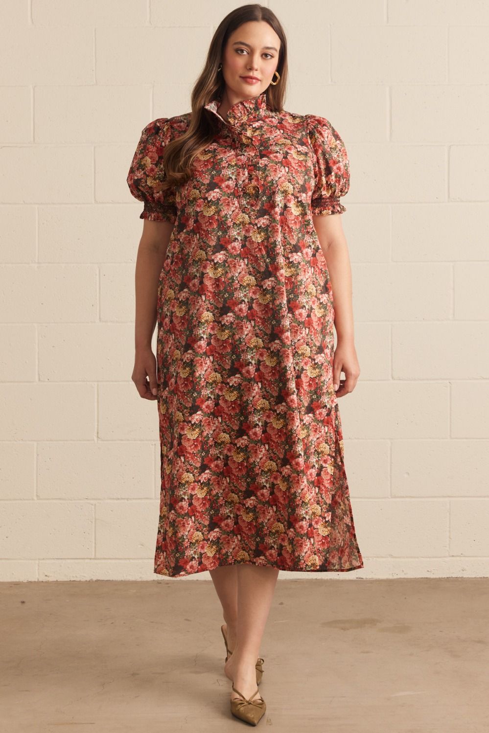 ENTRO Floral Short Puff Sleeve Midi Dress In Brick PLUS Sizes