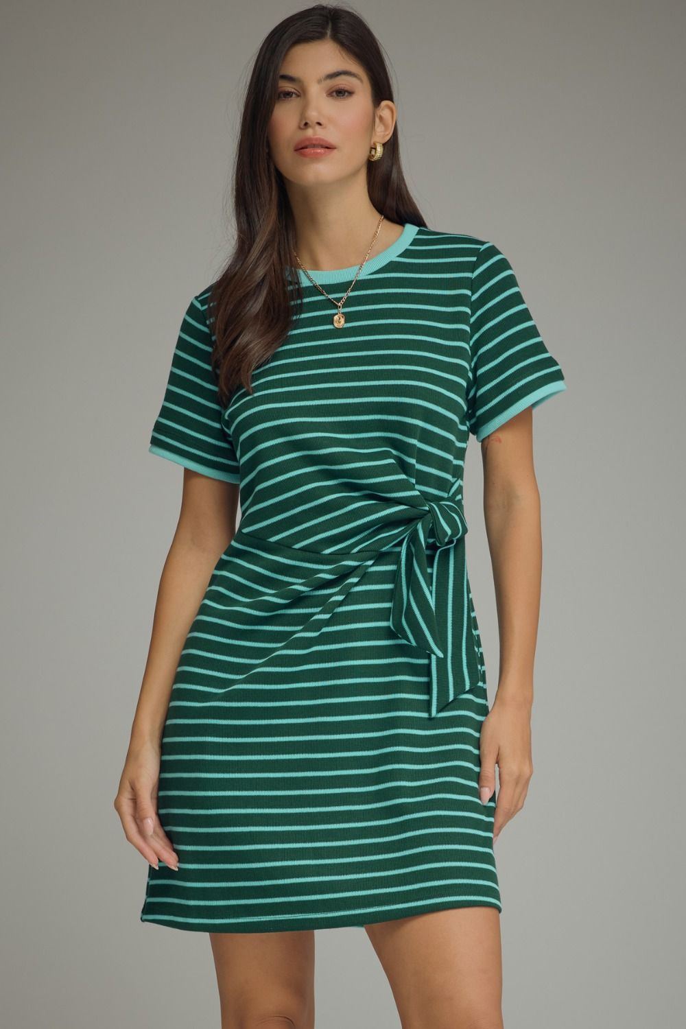 ENTRO Striped Print Mini Dress With Tie Waist In Hunter Green *COMING SOON*