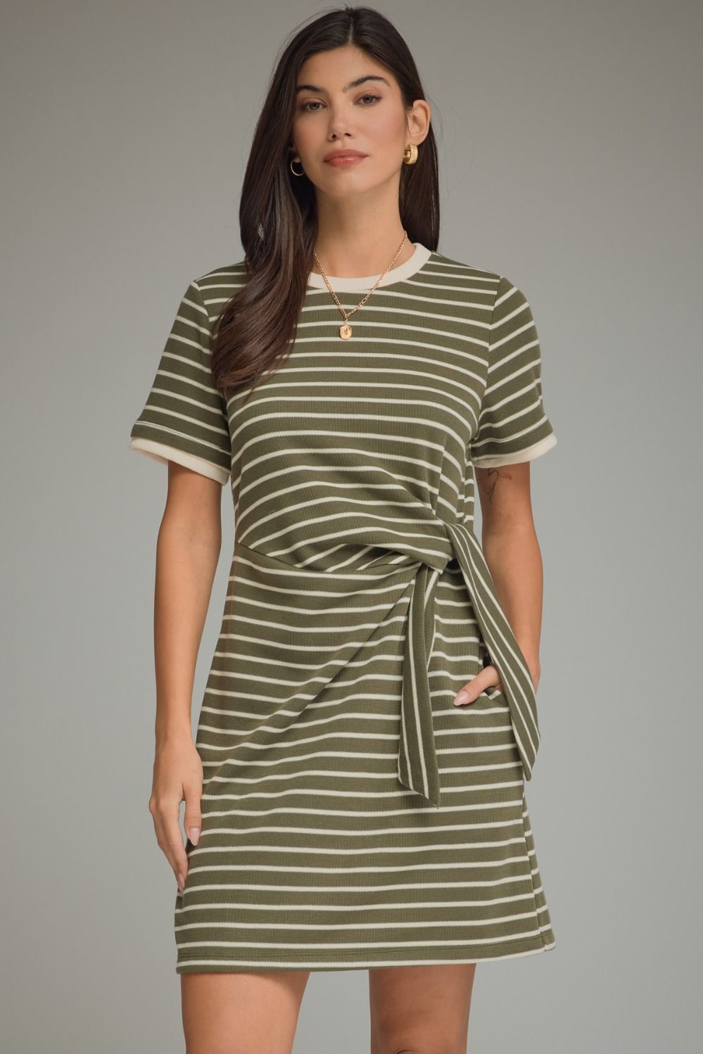 ENTRO Striped Print Mini Dress With Tie Waist In Olive