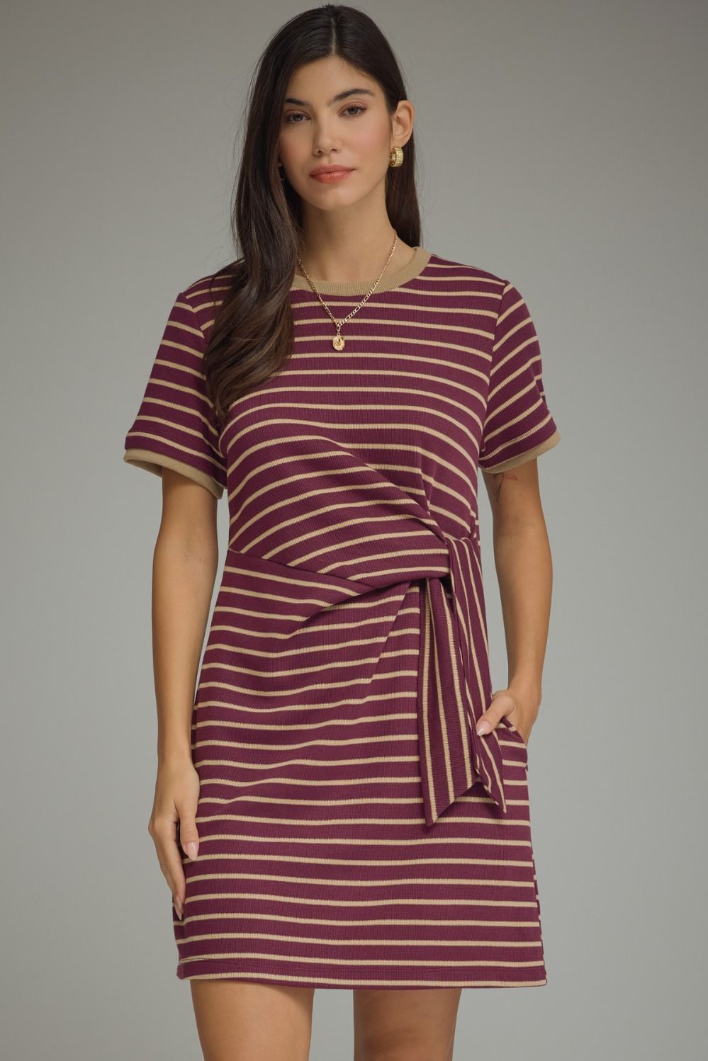 ENTRO Striped Print Mini Dress With Tie Waist In Plum *COMING SOON*