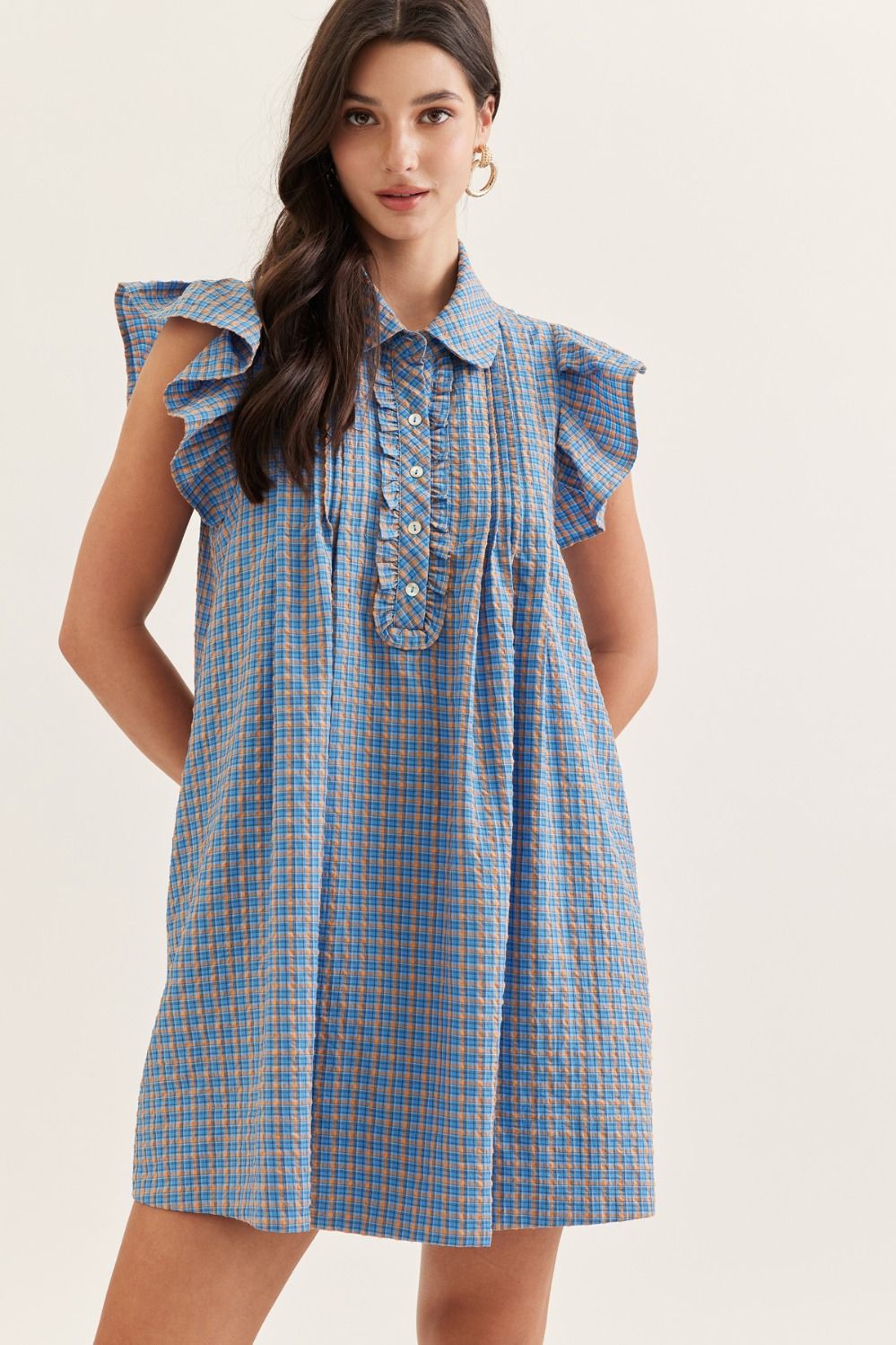 ENTRO Gingham Flutter Sleeve Mini Dress In Blue
