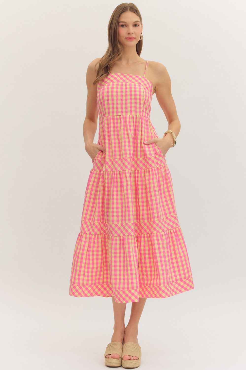ENTRO Gingham Spaghetti Strap Midi Dress In Pink Yellow