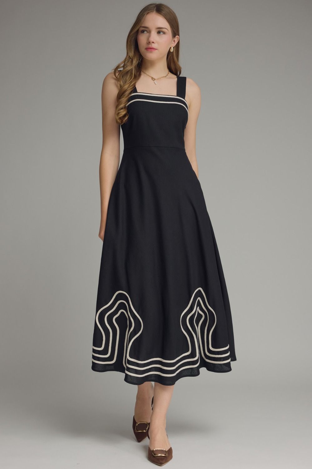 ENTRO Square Neck Midi Dress With Embroidered Line Trim In Black *COMING SOON*