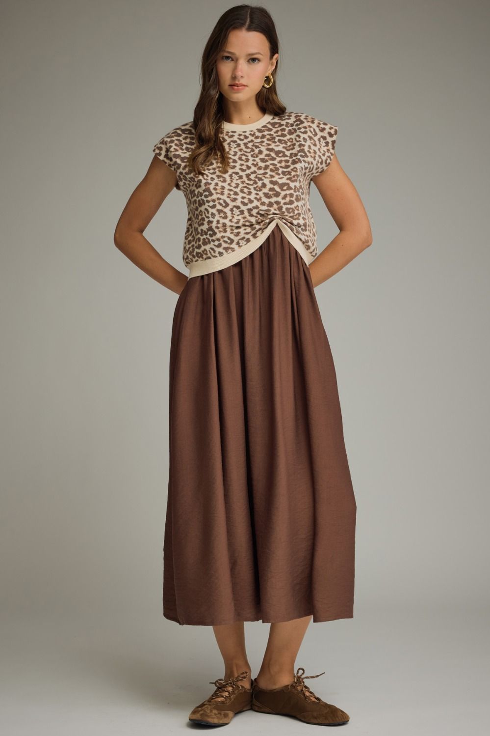 ENTRO Leopard Print Cap Sleeve Sweater Midi Dress Set In Ecru Brown