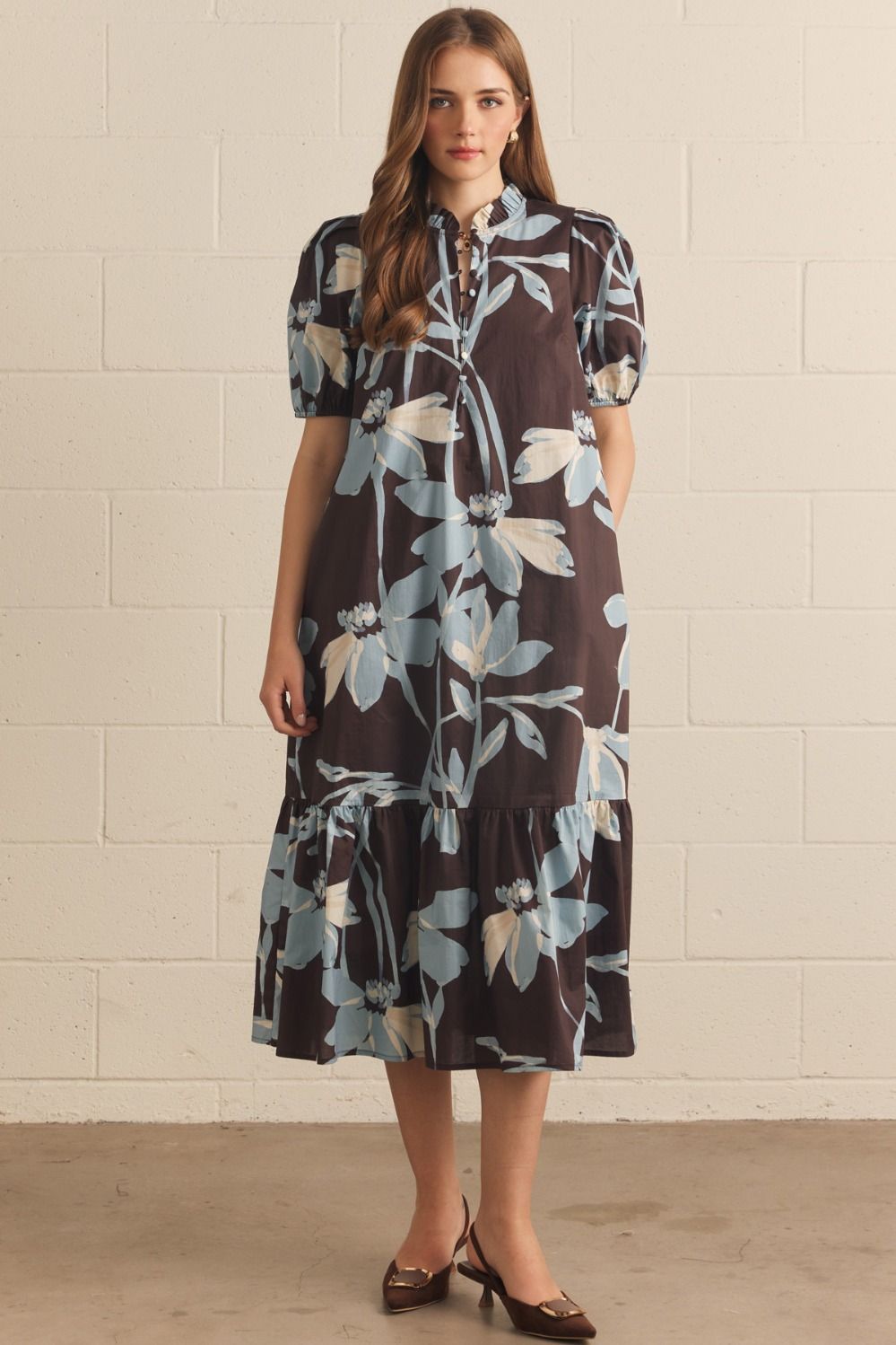 ENTRO Floral Puff Sleeve Midi Dress In Brown