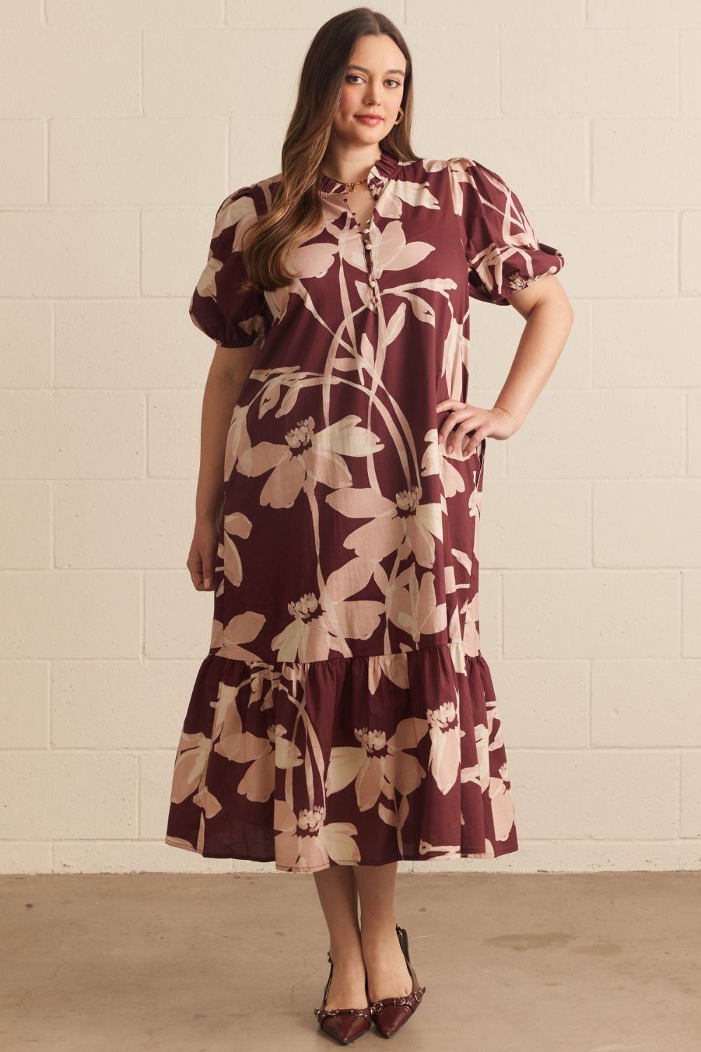ENTRO Floral Puff Sleeve Midi Dress In Wine PLUS Sizes