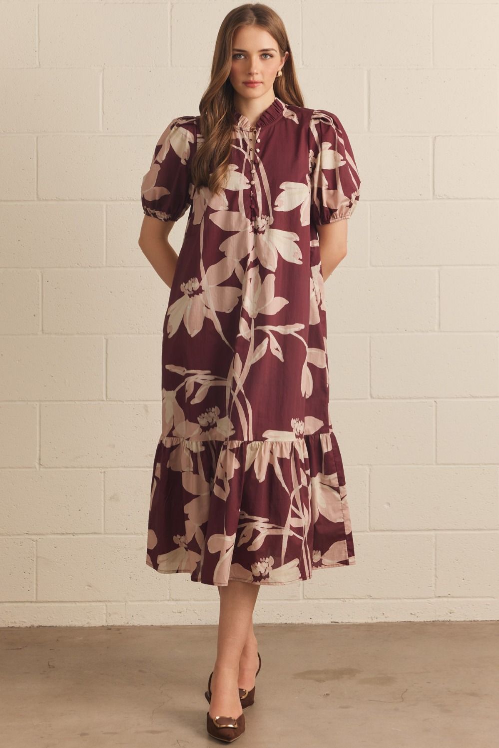 ENTRO Floral Puff Sleeve Midi Dress In Wine