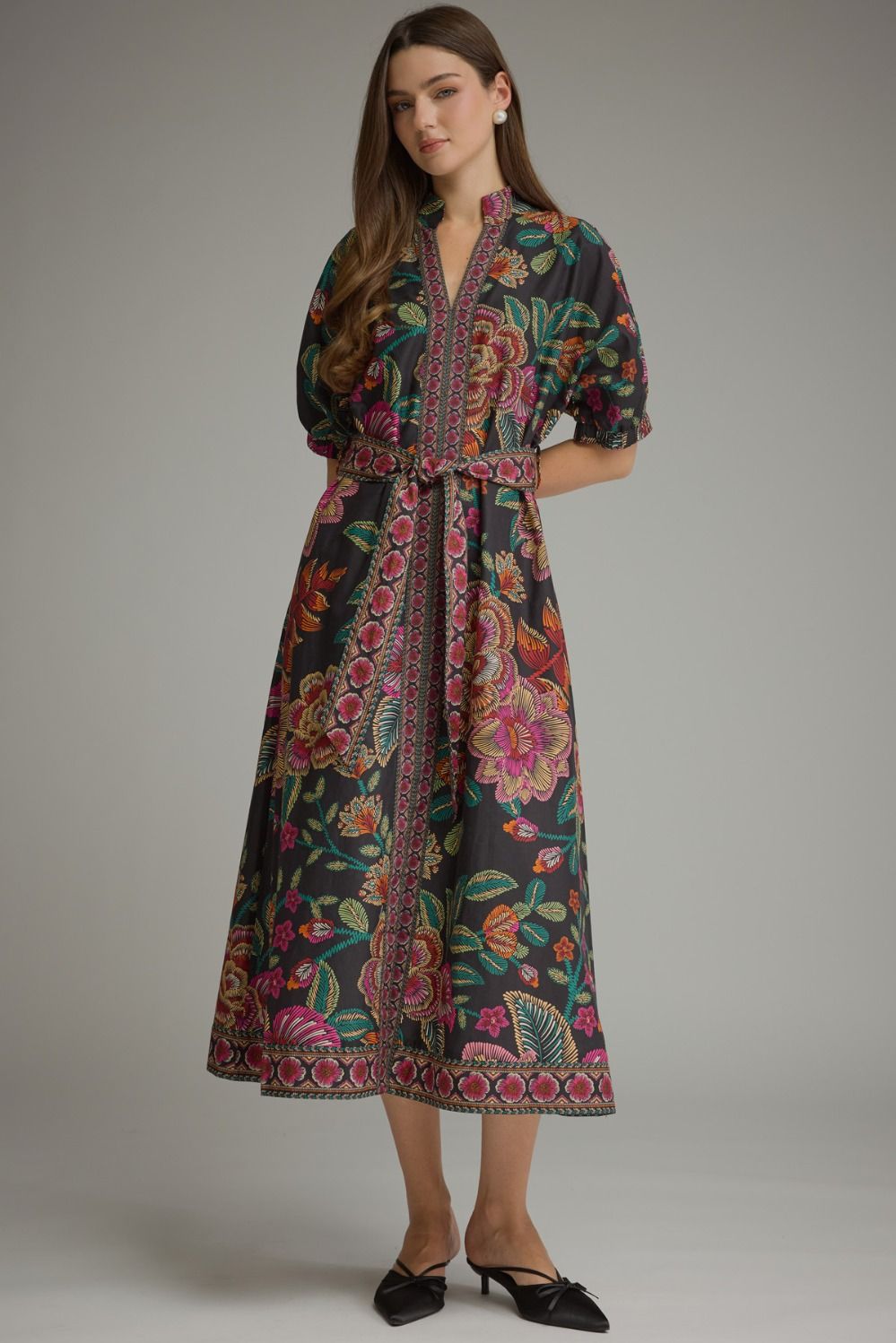 ENTRO Floral Print Puff Sleeve Midi Dress With Border Print In Black