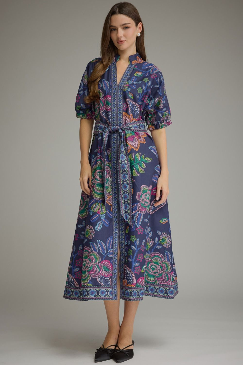 ENTRO Floral Print Puff Sleeve Midi Dress With Border Print In Dark Navy