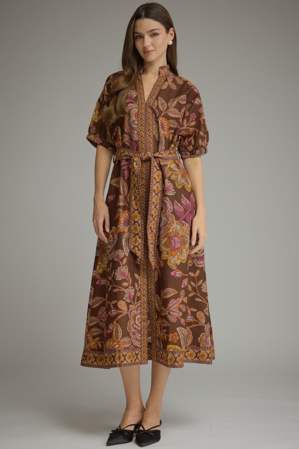 ENTRO Floral Print Puff Sleeve Midi Dress With Border Print In Terra Cotta