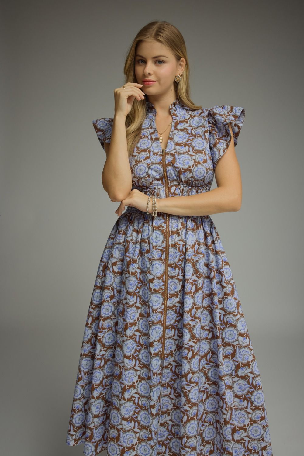 ENTRO Floral Print Ruffle Sleeve Midi Dress In Brown