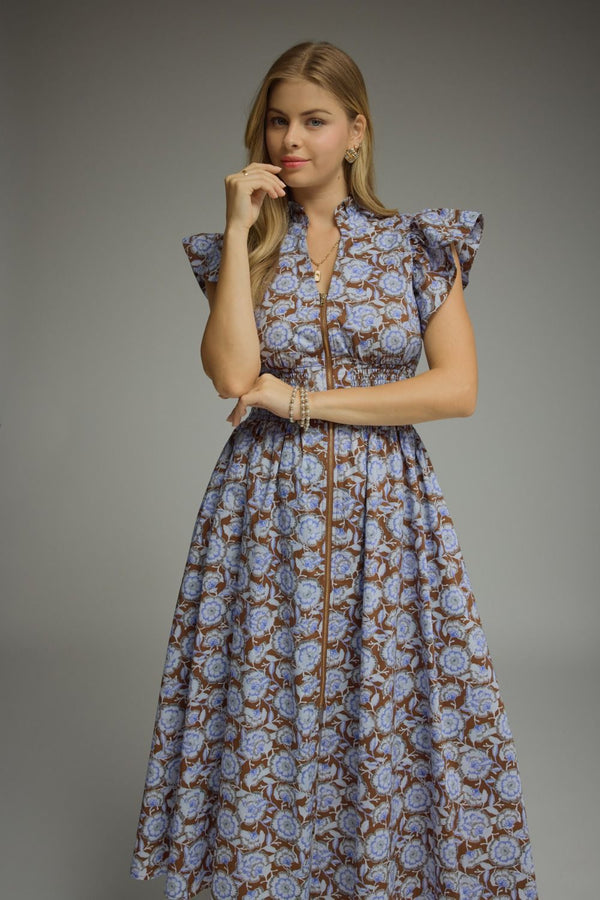 ENTRO Floral Print Ruffle Sleeve Midi Dress In Brown