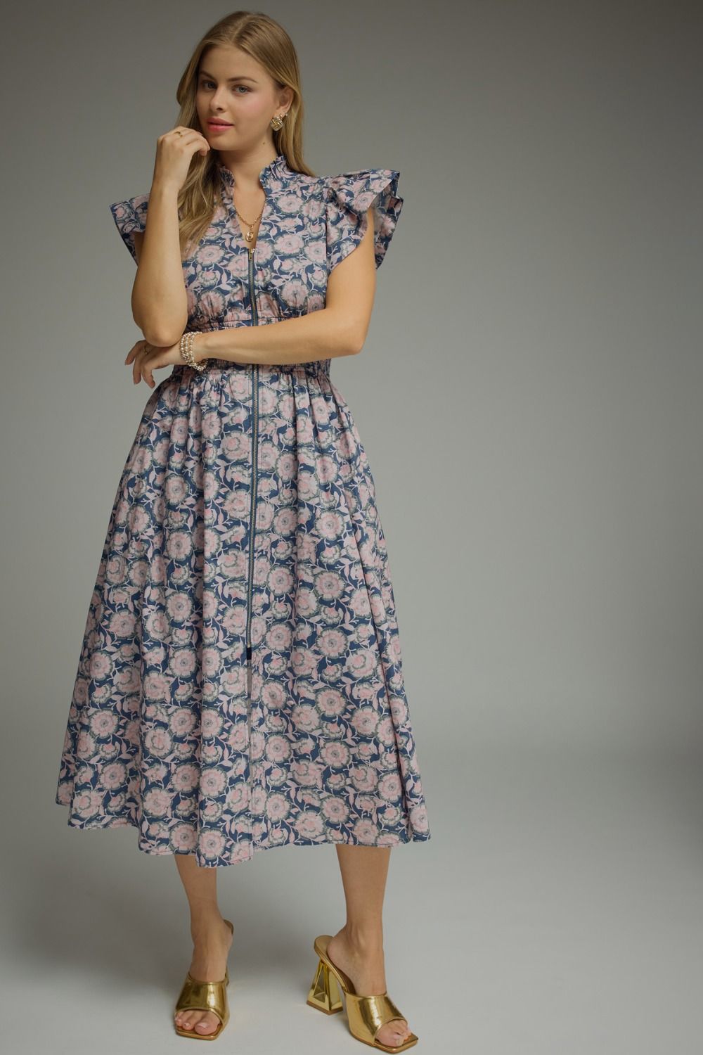 ENTRO Floral Print Ruffle Sleeve Midi Dress In Navy