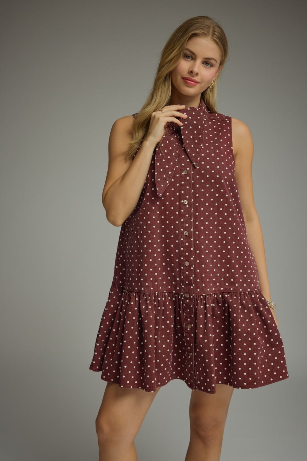 ENTRO Polka Dot Sleeveless Mini Dress In Burgundy *COMING SOON*