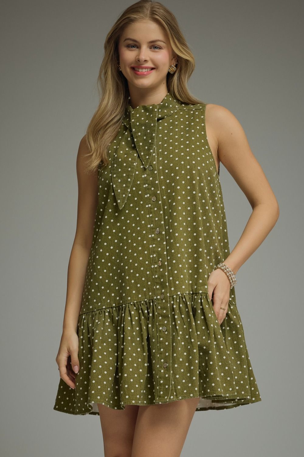ENTRO Polka Dot Sleeveless Mini Dress In Olive *COMING SOON*