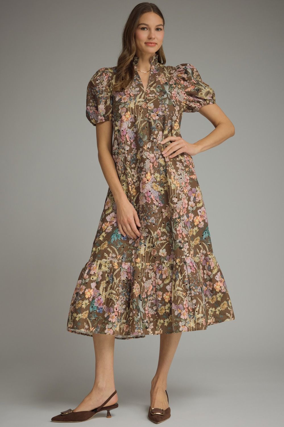 ENTRO Floral Eyelet Puff Sleeve Midi Dress In Brown