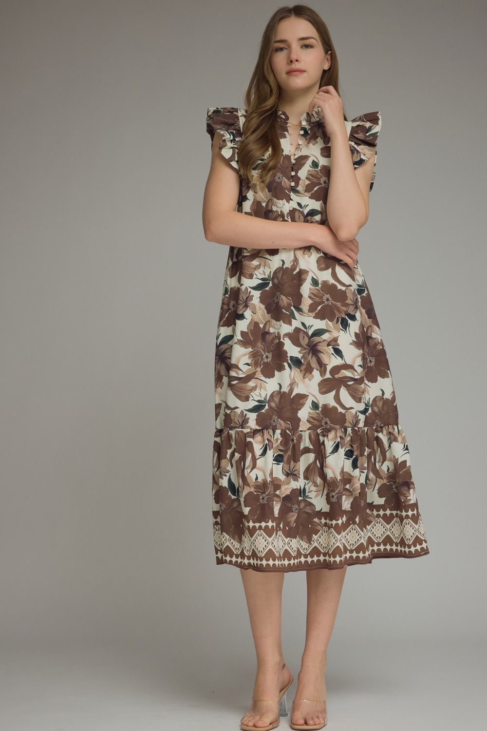 ENTRO Floral Flutter Sleeve Midi Dress In Brown