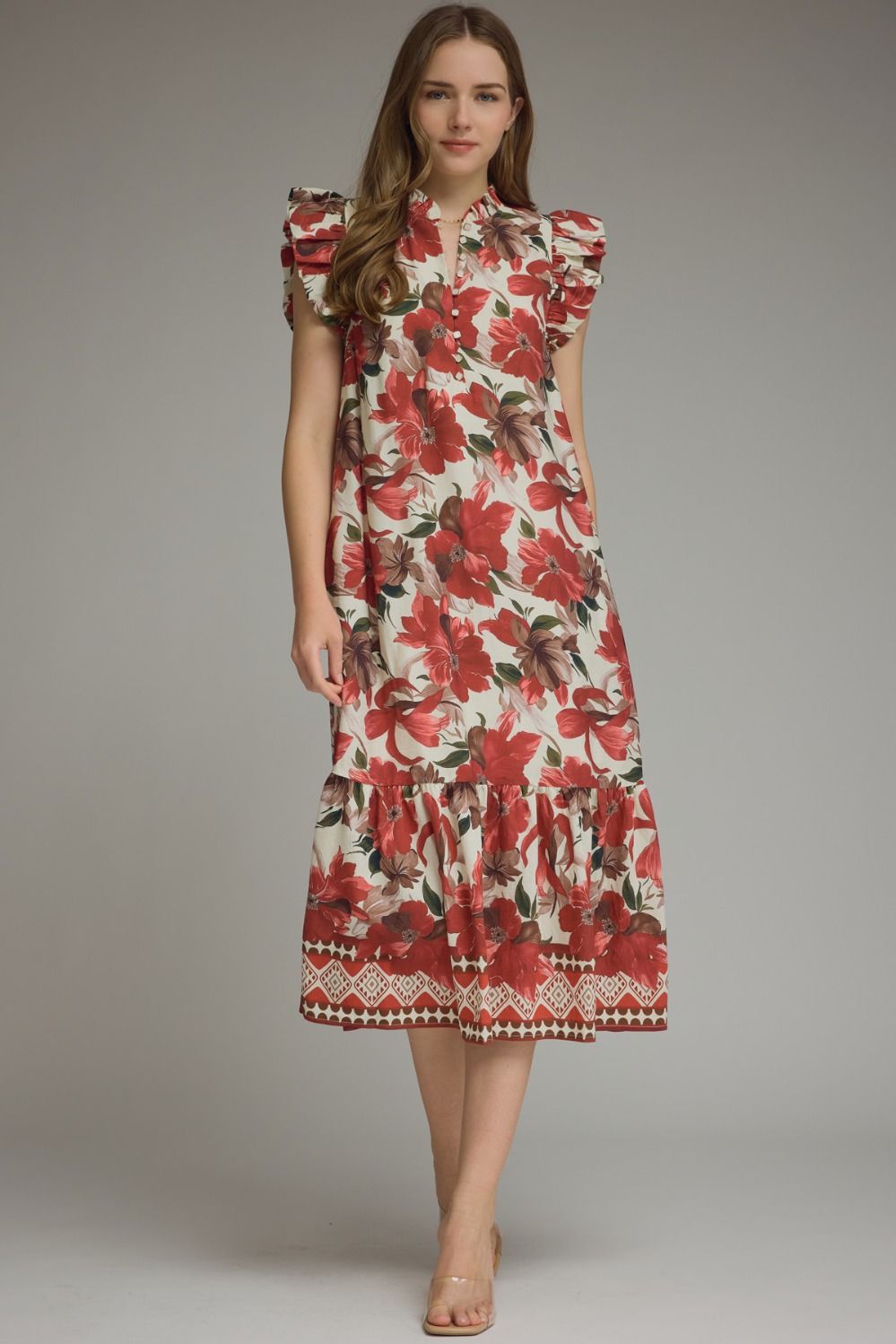 ENTRO Floral Flutter Sleeve Midi Dress In Burgundy