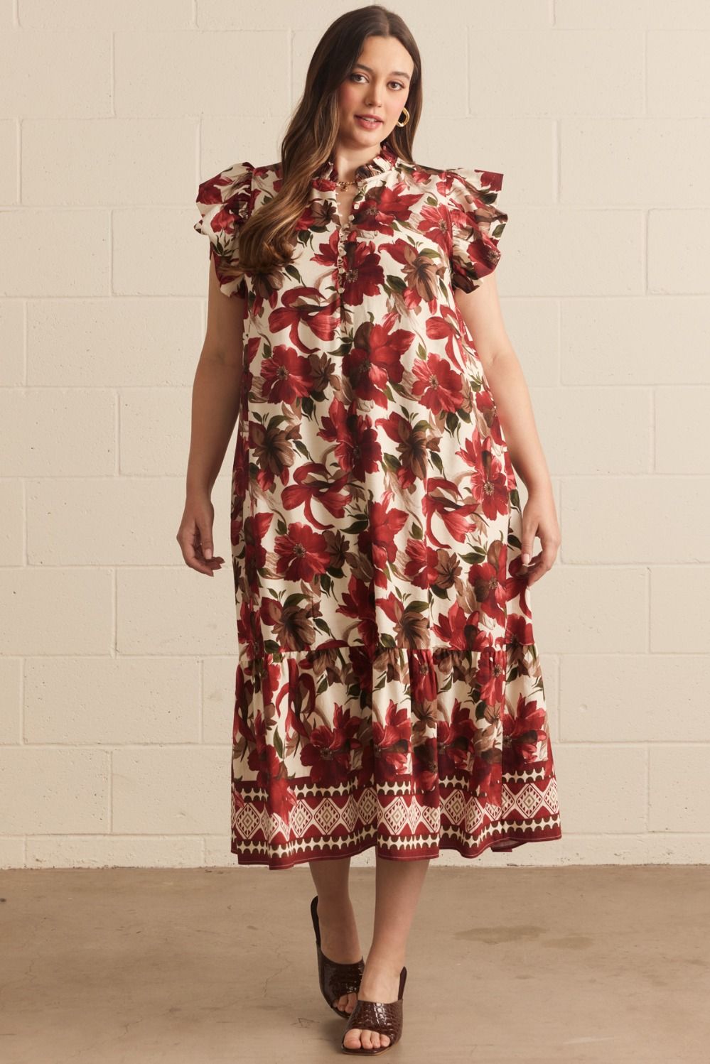 ENTRO Floral Flutter Sleeve Midi Dress In Burgundy PLUS Sizes