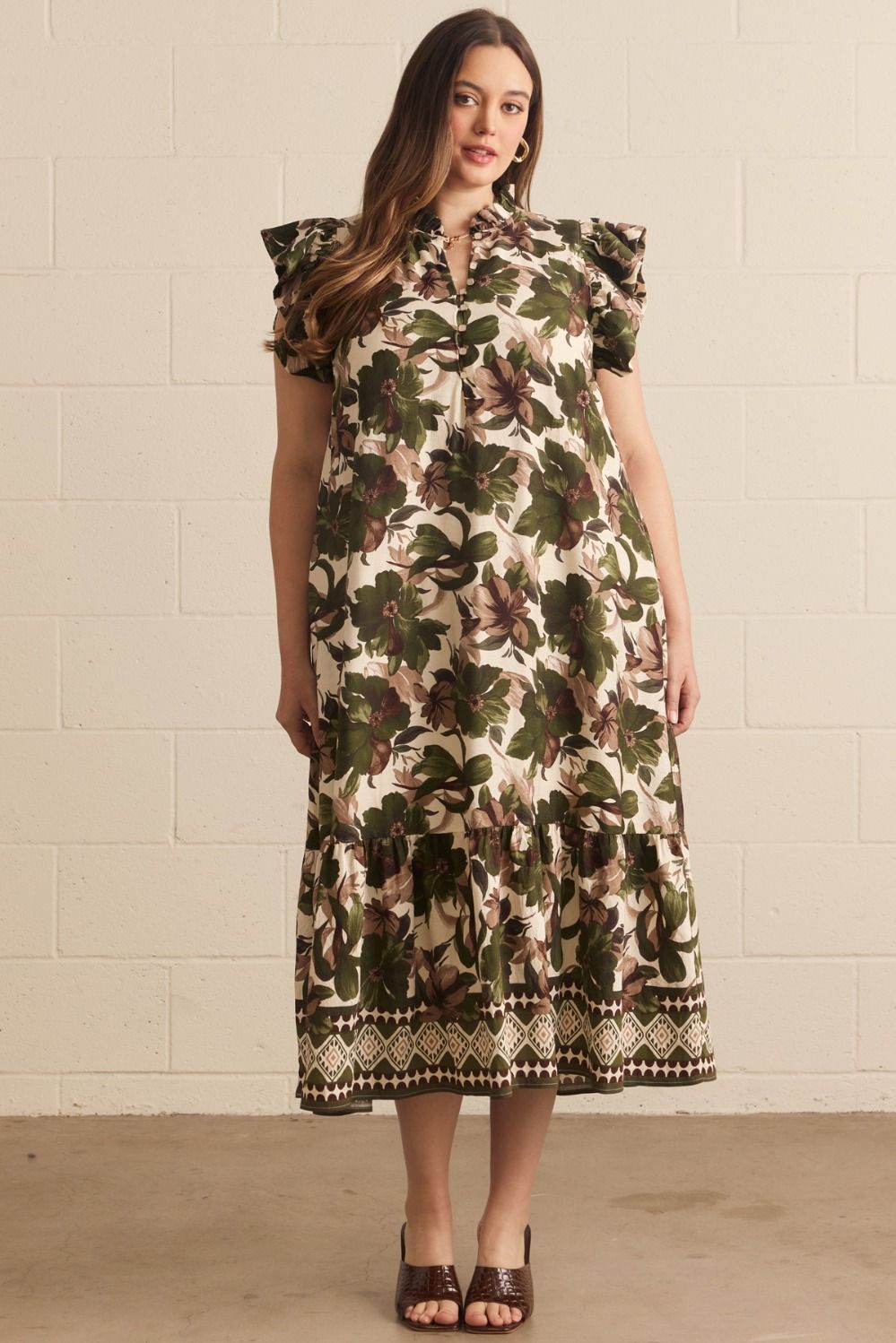 ENTRO Floral Flutter Sleeve Midi Dress In Olive PLUS Sizes