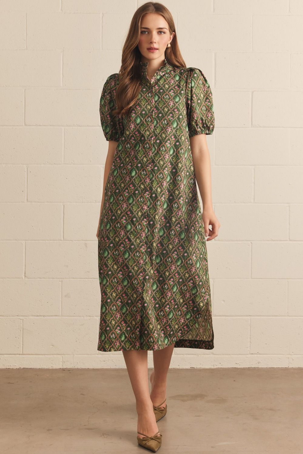 Entro Floral Short Puff Sleeve Midi Dress With Mock Neck Collar In Pine