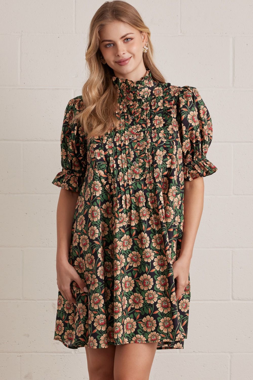 ENTRO Floral Print Ruffle Neck Puff Sleeve Mini Dress In Green Black *COMING SOON*
