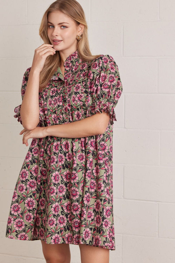 ENTRO Floral Print Ruffle Neck Puff Sleeve Mini Dress In Pink Olive