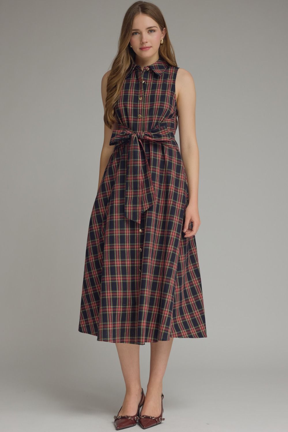 ENTRO Plaid Sleeveless Midi Dress In Navy *COMING SOON*