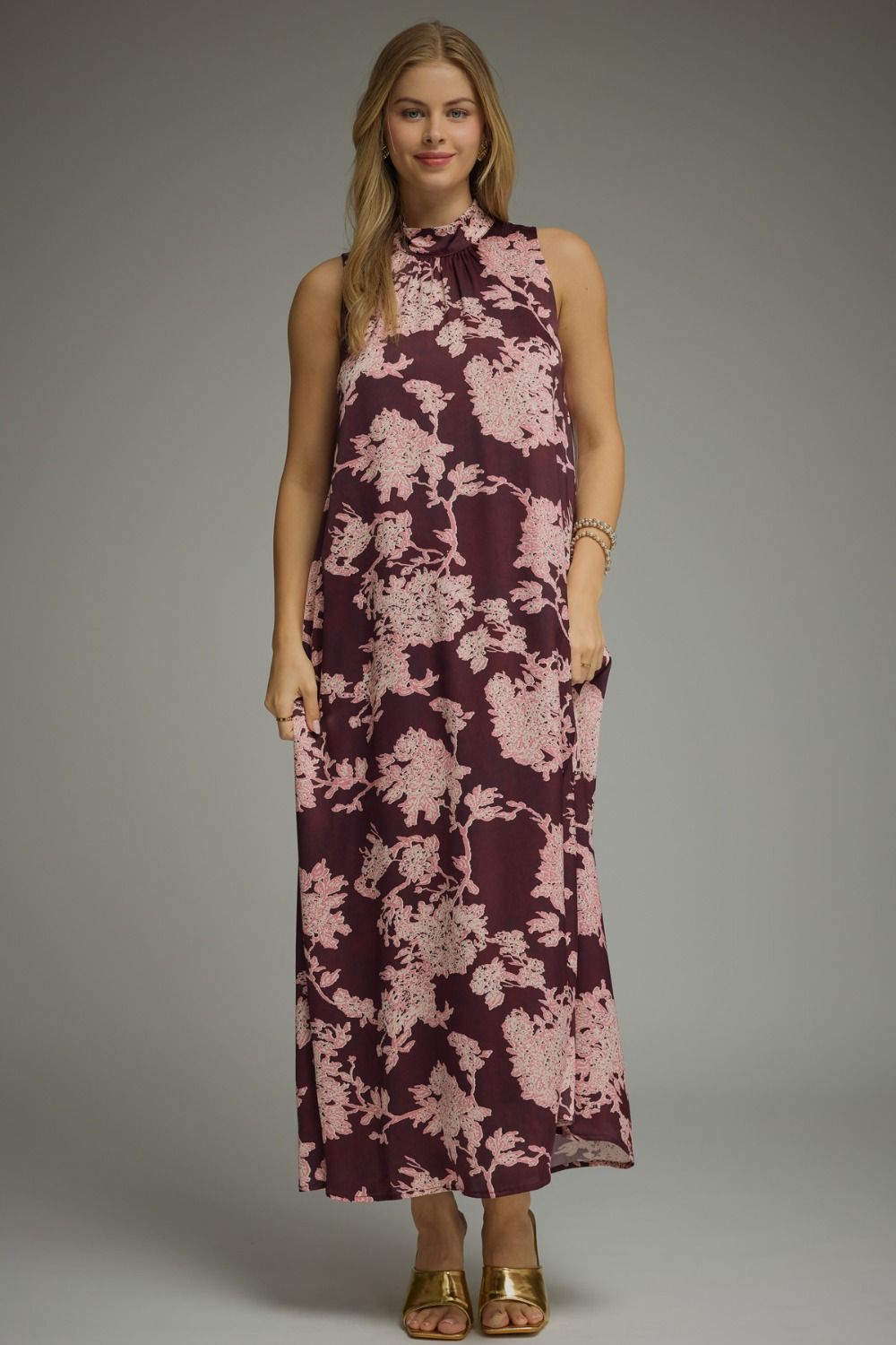 ENTRO Floral Print Sleeveless Maxi Dress In Burgundy *COMING SOON*