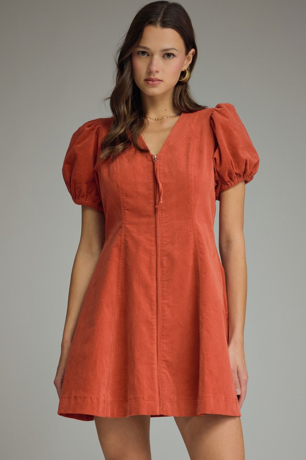 ENTRO Solid V Neck Puff Sleeve Mini Dress In Brick