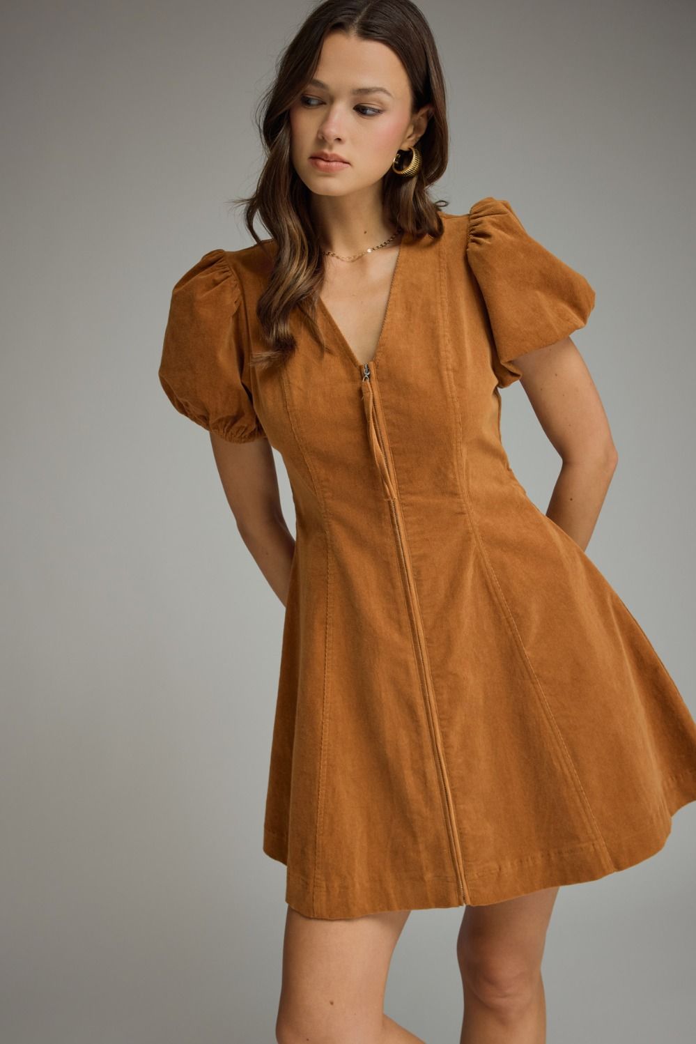 ENTRO Solid V Neck Puff Sleeve Mini Dress In Camel *COMING SOON*