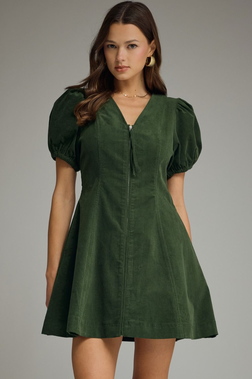 ENTRO Solid V Neck Puff Sleeve Mini Dress In Hunter Green *COMING SOON*