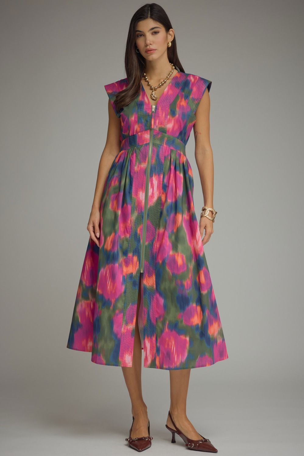 ENTRO Watercolor Cap Sleeve Midi Dress In Magenta
