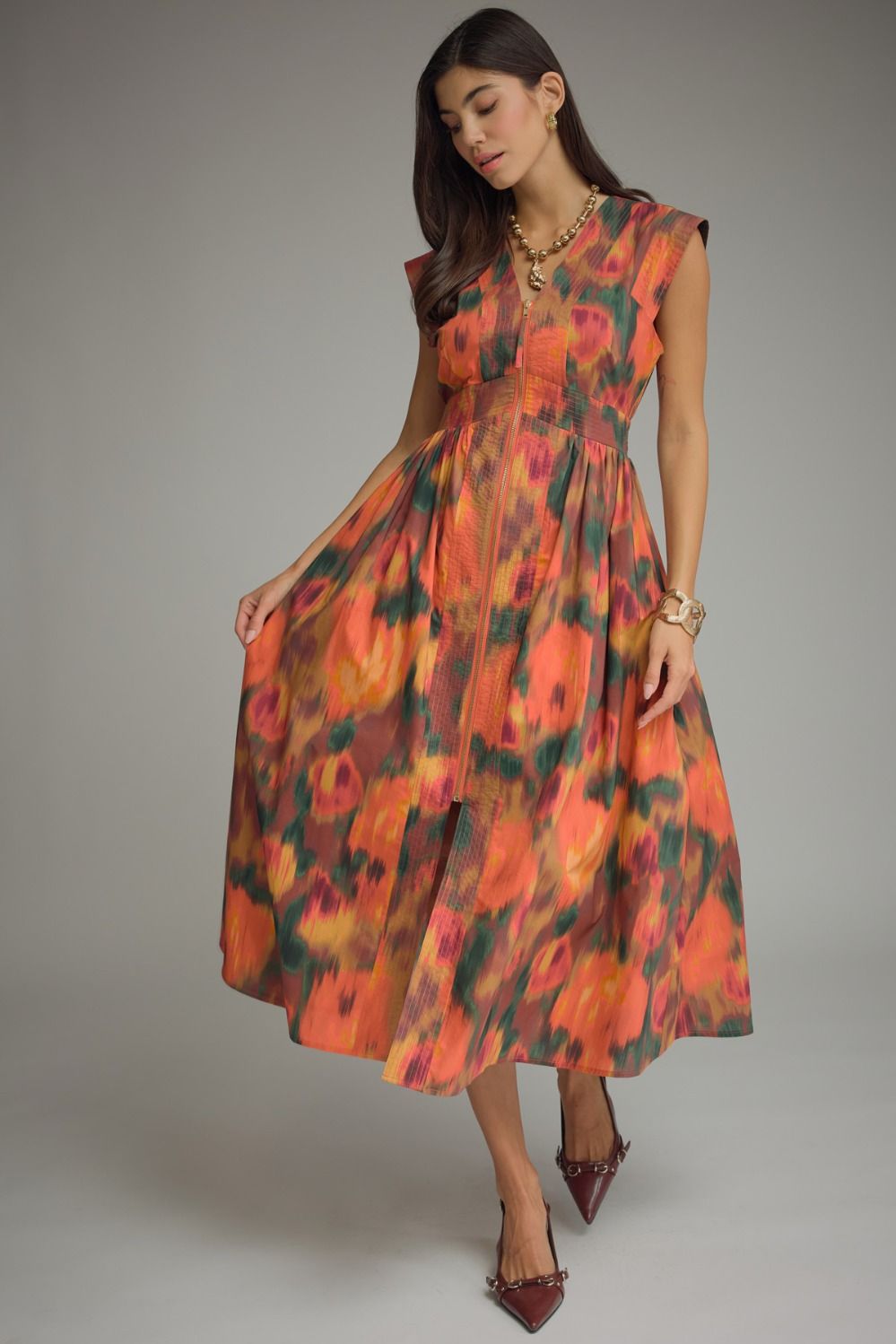 ENTRO Watercolor Cap Sleeve Midi Dress In Rust