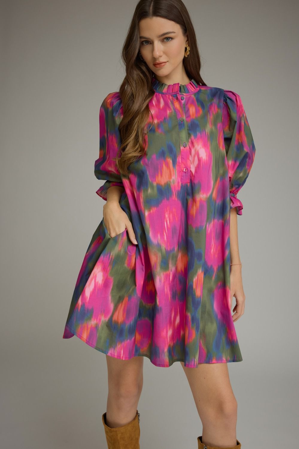 ENTRO Watercolor Print Puff Sleeve Mini Dress In Magenta *COMING SOON*