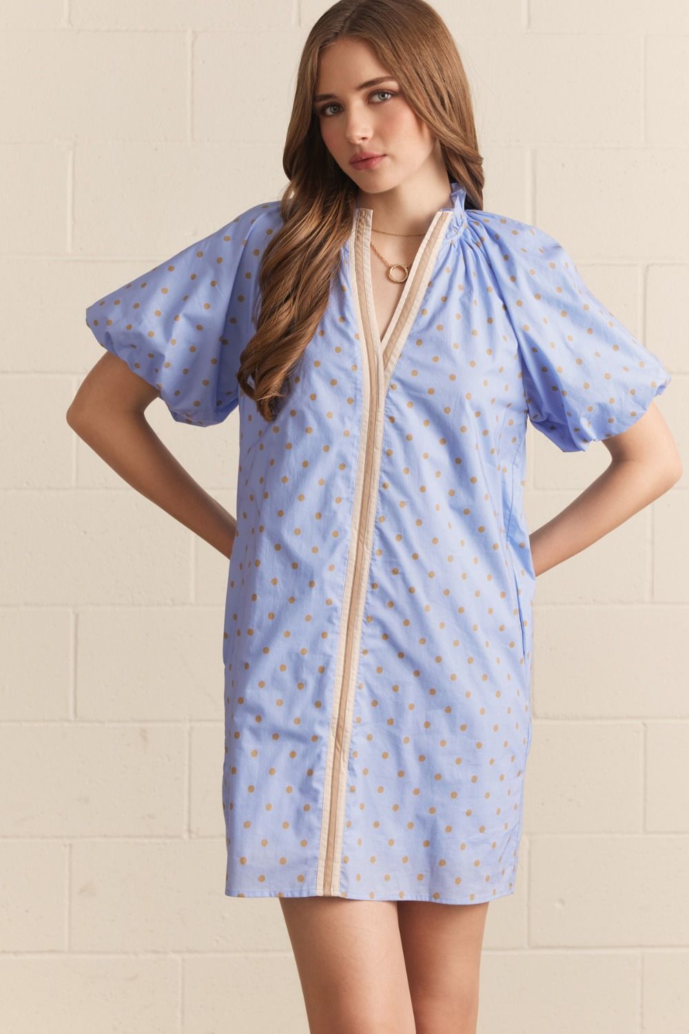 ENTRO Polka Dot Short Puff Sleeve Mini Dress With Contrast Binding In Blue *COMING SOON*